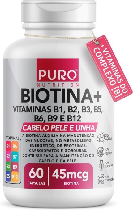 Biotina + Puro Nutrition Pele, Cabelo e Unhas, 45 mcg de Biotina por dose, Vitaminas B1, B2, B3, B5, B6, B9 e B12, 60 Cápsulas